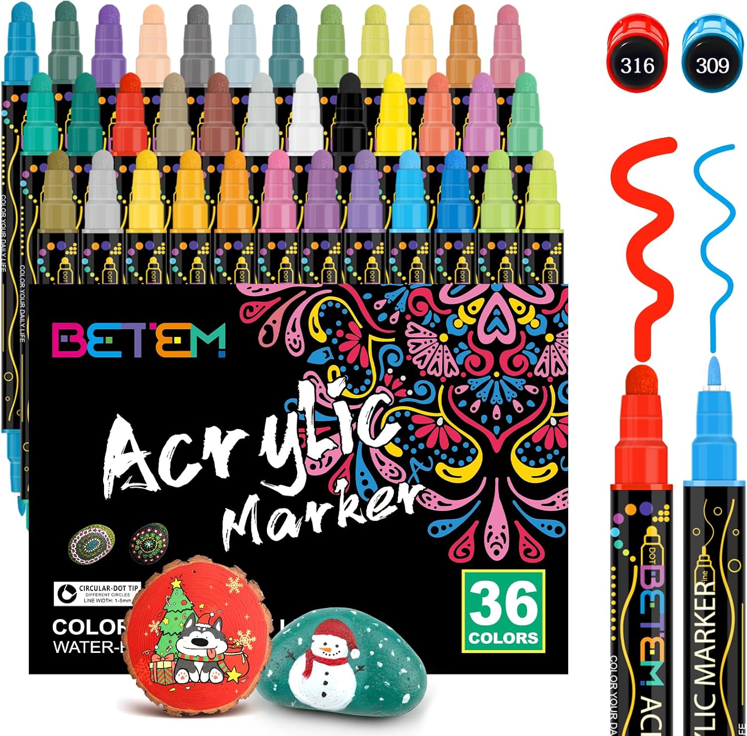 Betem 36 Colors Dual Tip Acrylic Paint Pens Markers, Premium Acrylic Paint Markers Stocking Stuffers for Rock, Wood, Fabric, Glass, Canvas, Ceramic, Christmas Gifts for Teens DIY Crafts Art Supplies
