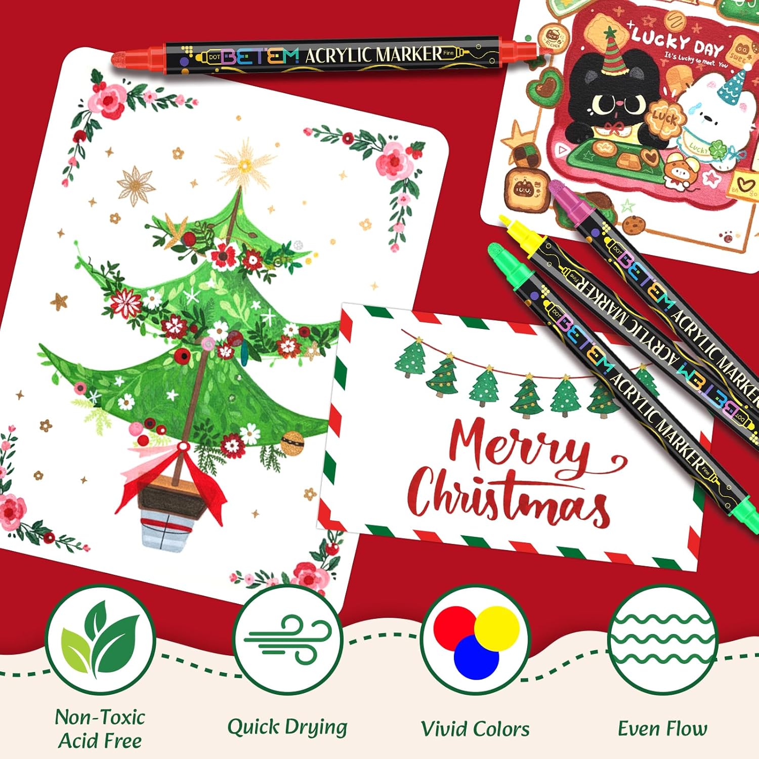 Betem 36 Colors Dual Tip Acrylic Paint Pens Markers, Premium Acrylic Paint Markers Stocking Stuffers for Rock, Wood, Fabric, Glass, Canvas, Ceramic, Christmas Gifts for Teens DIY Crafts Art Supplies